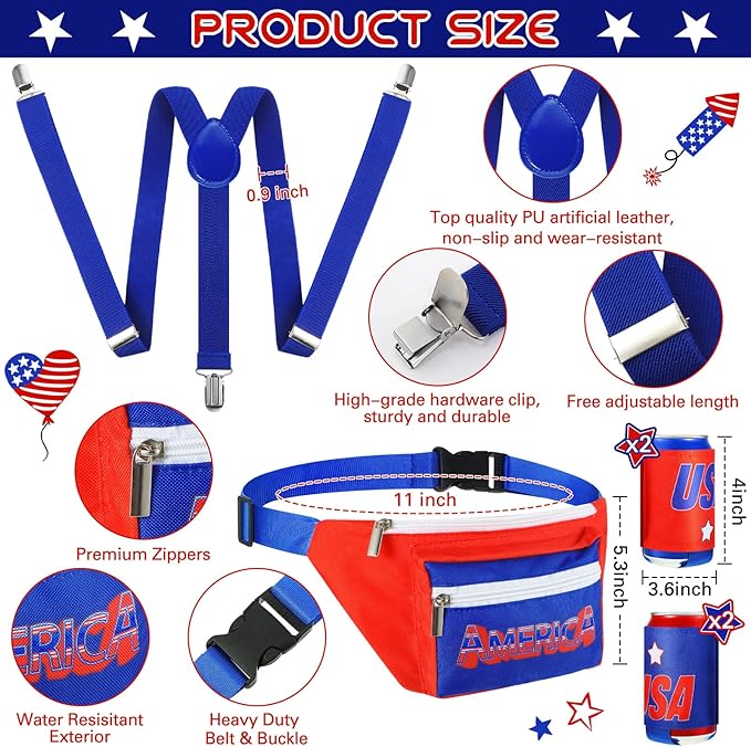 Sweetude America Fanny Pack USA 4th of July Patriotic Beverage Beer Belt Costume Set Outfit Accessories with Drink Holder Sunglasses Striped Sweatband Men