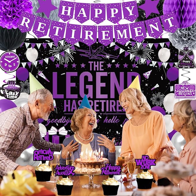Retirement Party Decorations Women, Purple Black Happy Retirement Decorations Female, Happy RetIrement Banner, Retired Backdrop, Balloons, Pompoms, Hanging Swirls, Retired Cake Topper, 54pcs