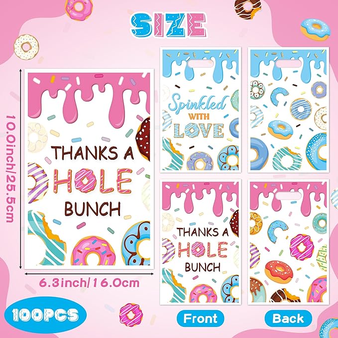 G1ngtar 100Pcs Donut Party Favor Bags - Sweet Doughnut Goodie Candy Treat Gifts Waterproof Plastic Bags for Kids Birthday Party Decoration Supplies