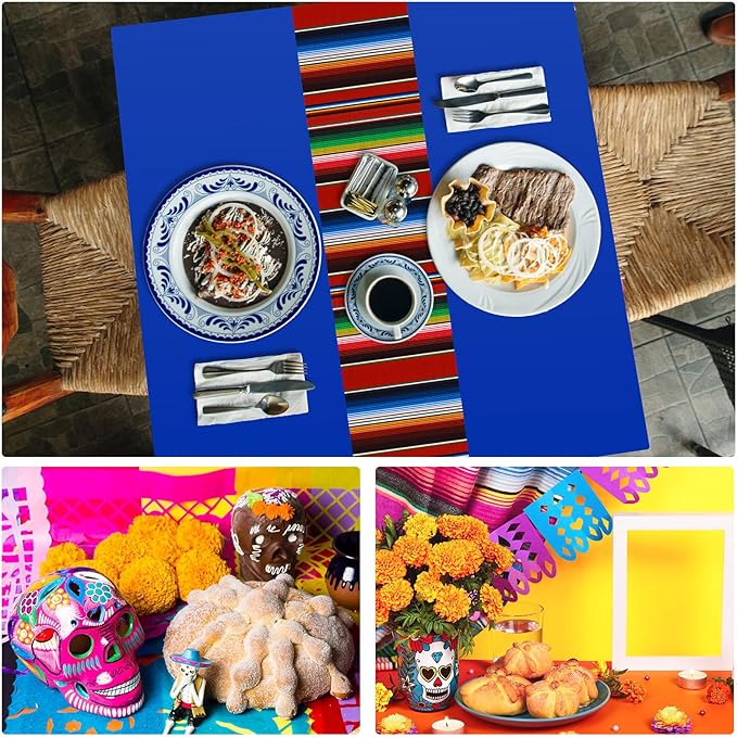 Oudain 6 Pcs Fiesta Tablecloth 108 x 54 Inch Plastic Tablecover Waterproof Mexican Tablecloth Mexican Striped Table Cover for Taco Night Festive Fiesta Wedding (Elegant Colors)