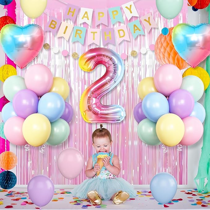 2nd Birthday Decorations Rainbow,Gradient Number 2nd Balloon,Pastel Happy Birthday Banner Fringe Curtain Heart Foil Balloons Boys Girls 2 Year Old Decor