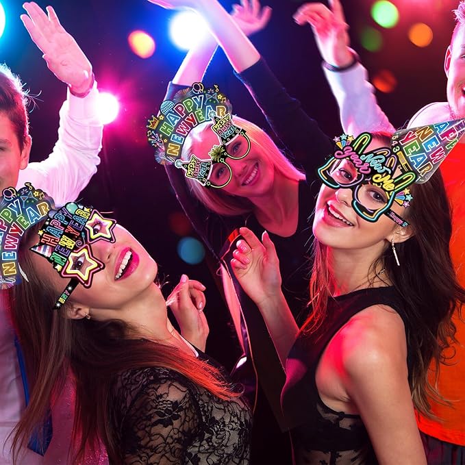 HOWAF 36 Pcs Glitter New Year's Eve Party Supplies Kit, 2026 Happy New Year Eve Shiny Firework Party Supplies-New Year Headband Eyeglasses New Year Top Hats New Year Fringed Noisemaker