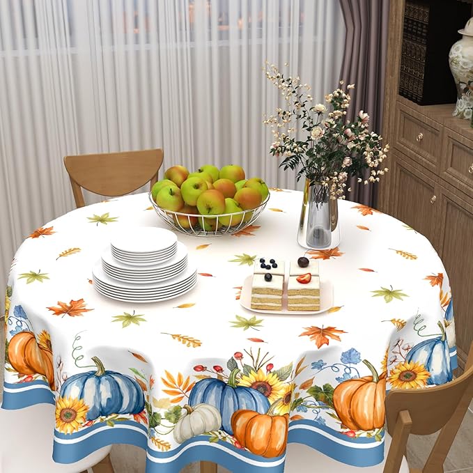 Fall Round Tablecloth 60 Inch Autumn Orange Pumpkin Outdoor Table Cloth Thanksgiving Tablecloth Maple Leaf Table Cover for Kitchen Dinner Room Holiday Party Home Decor