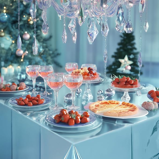 1 Piece Light Blue Foil Tablecloth 54*72inch Plastic Baby Shower Frozen Birthday Party Table Cloths Disposable Waterproof Table Cover for Winter Christmas Wedding Graduation Party Supplies