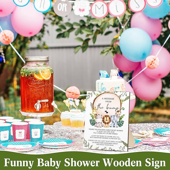 Roowest Cool Baby Shower Tabletop Decoration a Message from the Bump Wooden Baby Shower Games Sign Greenery Cute Gender Reveal Party Thank You Sign, 11.2 x 8.66 Inches(Animals)