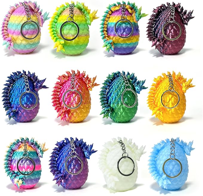 12 Pcs 3D Printed Dragon with Egg for Easter Basket Stuffers, Dinosaur Easter Eggs Fillers Fidget Toys,Easter,Birthdays, Christmas Easter Decorations Gifts for Girls Boys(with Keychain)
