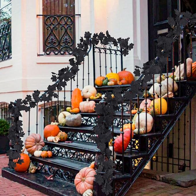 Halloween Black Christmas Garland Decor Indoor Table Decorations Fall Wall Hanging Artificial Black Maple Leaf Vine Decorations for Home (2 Pcs Halloween Garland, Set)