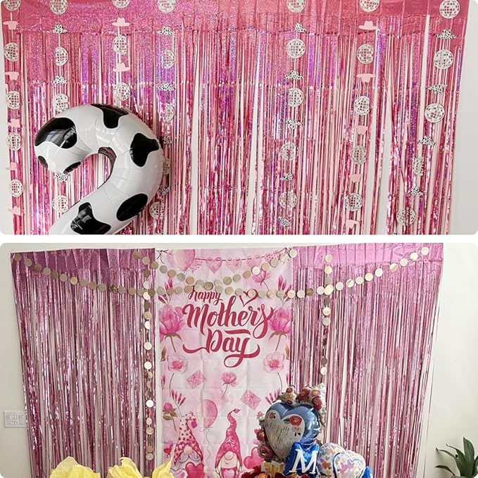 2 Pack 3.2ft x 8.3ft Foil Fringe Backdrop Metallic Tinsel Door Window Curtain Party Photo Booth Props for Birthday Bachelorette Wedding Graduation Party Decorations (Pink)