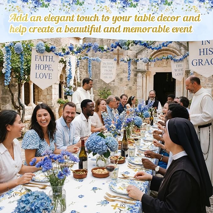 LemonRoad 452 Pcs God Bless Baptism Theme Party Decoration for 50 Gold Bless Flower Disposable Paper Plate Napkin Cup Tablecloth Cutlery Straw First Holy Communion Supplies for Christening Baby Shower