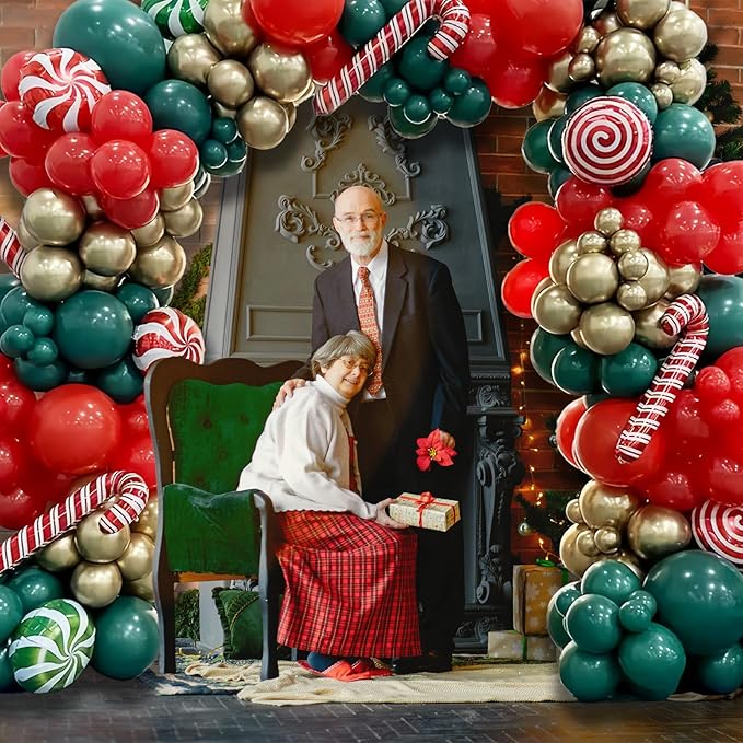 Christmas Balloon Garland Arch kit, Red Green Gold Balloons, Candy Cane Foil Balloons for Xmas Christmas Party Decorations