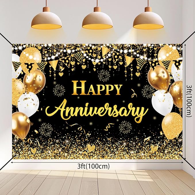 Happy Anniversary Decorations - Black Gold Wedding Party Decorations Kit, Happy Anniversary Banner, Backdrop, Hanging Swirls for Work Decorations (Black Gold)