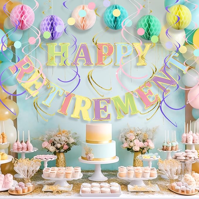 Retirement Party Decorations Kit for Women - 17-Piece Elegant Pastel Set with Pre-Strung Banner, Honeycomb Balls, Swirls & Garland | Instant Setup Party Decor | Retirement Gifts & Supplies