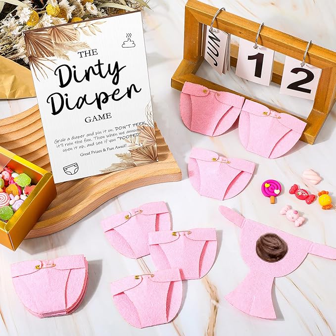 Roowest 51 Pcs Dirty Diaper Baby Shower Games Funny Wooden Sign with 50 Pcs Mini Diapers Cute Felt for Gender Reveal Party Baby Shower(Boho Pink)