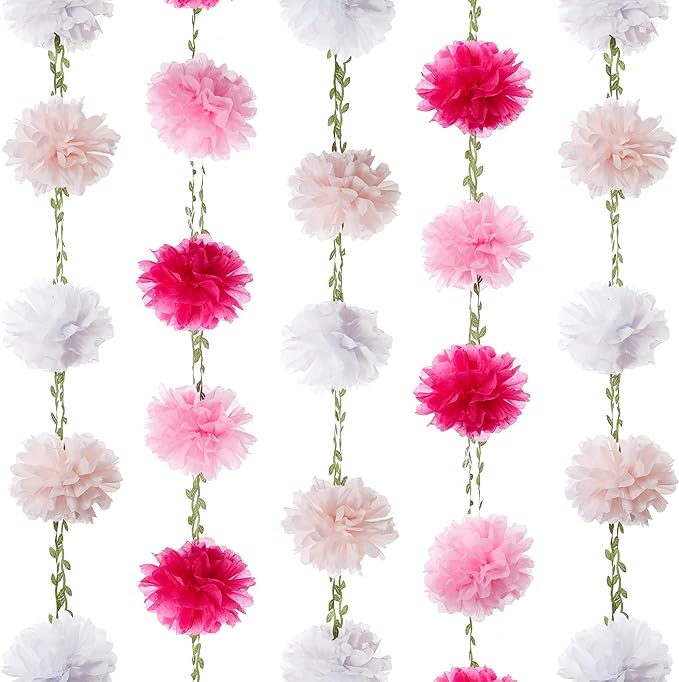 2 Pc White and Pink Hanging Flower Garland, 8.2 FT Pink Ombre Paper Flower Garland with Tissue Pom Pom Decorations, Pom Pom Garlands for Wedding Backdrop Bridal Shower Birthday Party