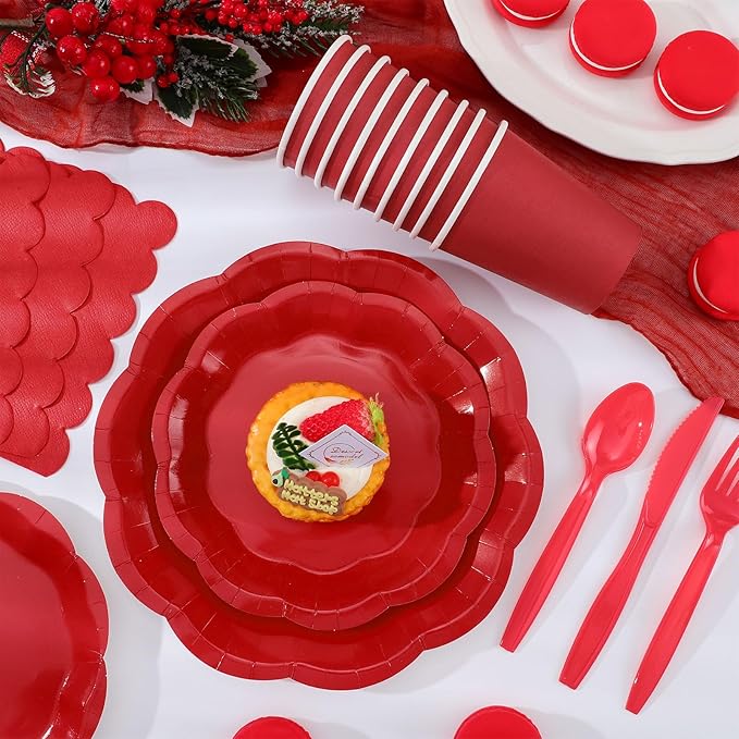 175 Pcs Red Paper Plates and Napkins Set Include 9" Dinner Plates, 7" Dessert Plate Disposable Scalloped Tableware Serve 25 Guest for Wedding Baby Shower Bridal Shower Birthday Mother's Day