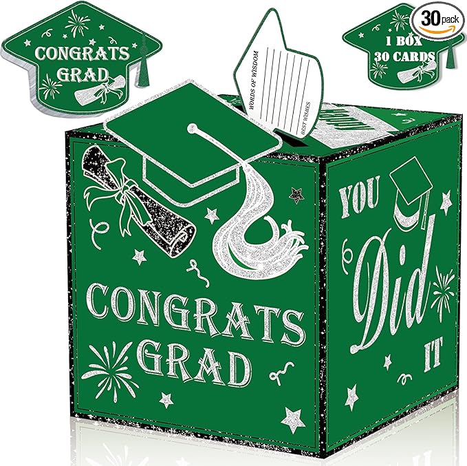 AYGXU graduation card box Holder 2026 with 30pcs graduation cards,Graduation party Decorations,graduation money box,Graduation Party favors Supplies-green box