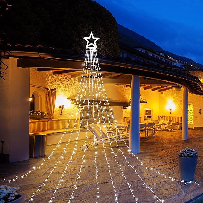 FUNIAO (Upgraded Christmas Decoration Outdoor Star String Lights, 320 LED Christmas Tree Topper Lights with 12" Lighted Star for Halloween Christmas New Year Holiday Garden Yard (White)
