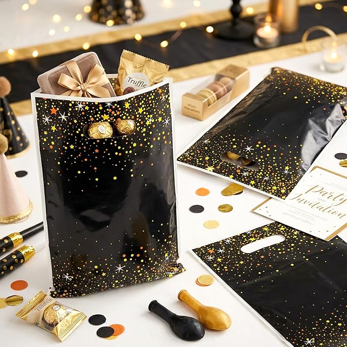 50 PCS Black and Gold Party Favor Gift Bags, Plastic Bags with Handles,Candy Snack Cookie Bags, Party Gift Bags Bulk for New Year Christmas Party Favors Supplies Graduation Decorations Baggies