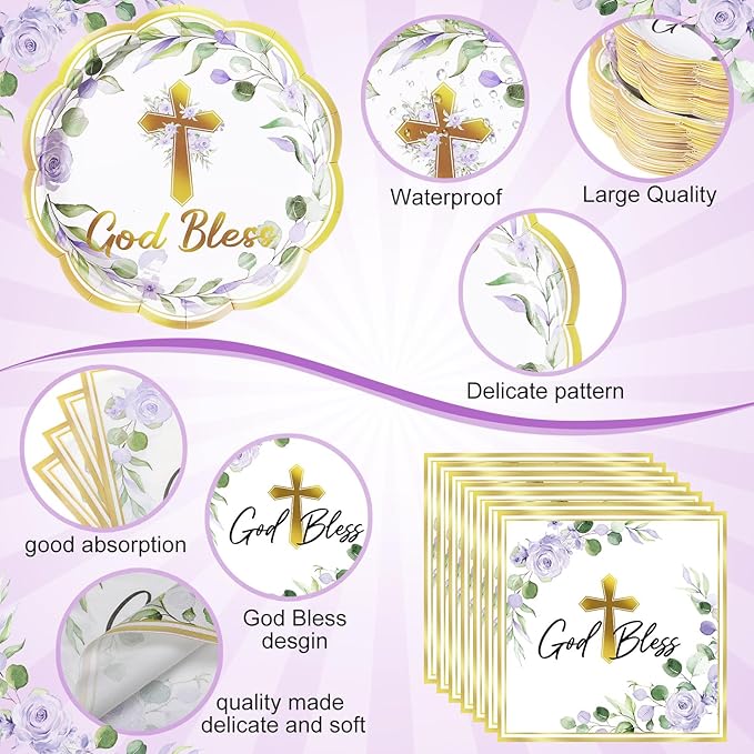 Pickmesh 194 Pcs God Bless Baptism Party Decoration Girl for 24, Purple Flroal Baptism Paper Plate Napkin Cup Tablecloth Cutlery First Holy Communion Tableware for Christening Baby Shower Supplies