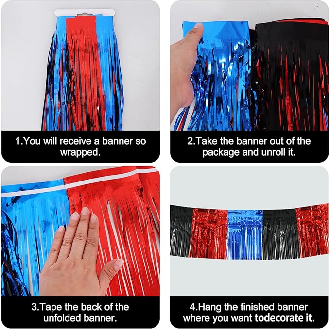 BEISHIDA 3 Packs Metallic Foil Fringe Garland Red Blue Black Wall Hanging Tinsel Fringe Banners for Car Floats Bridal Shower Wedding Birthday Graduation Holiday Party Decoration(30 Feet)