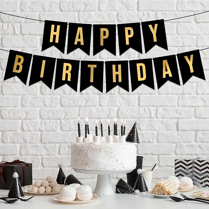 Pre-strung Happy Birthday Banner - No DIY - Black Birthday Party Banner with Gold Letters - Pre-strung on 8 ft Strands - Black Bday Party Decorations & Decor for Men & Women. Did We Mention No DIY