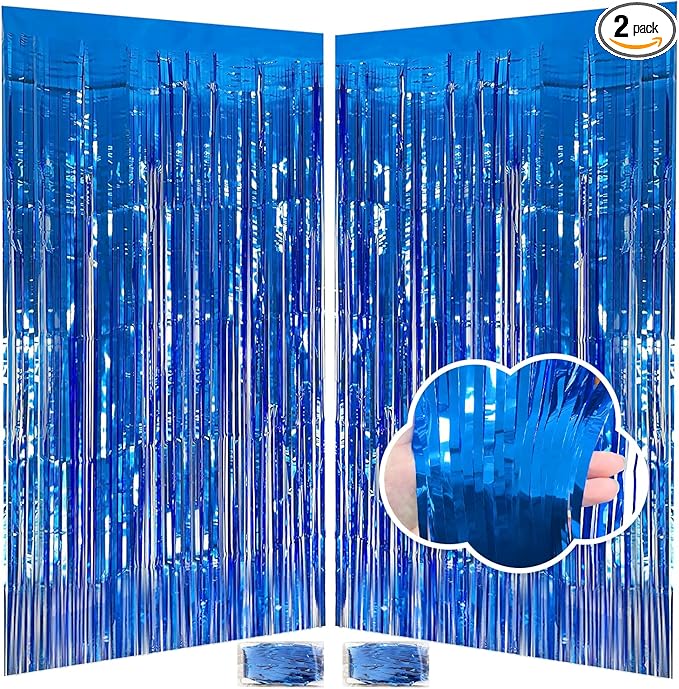 Blue Streamers Party Decorations 3.3x8.2ft, 2 Pack Dark Blue Tinsel Backdrop for Ocean Themed Party Decor, Glitter Blue Foil Fringe Curtains for Door Decorations Hanging Birthday Baby Shower Halloween