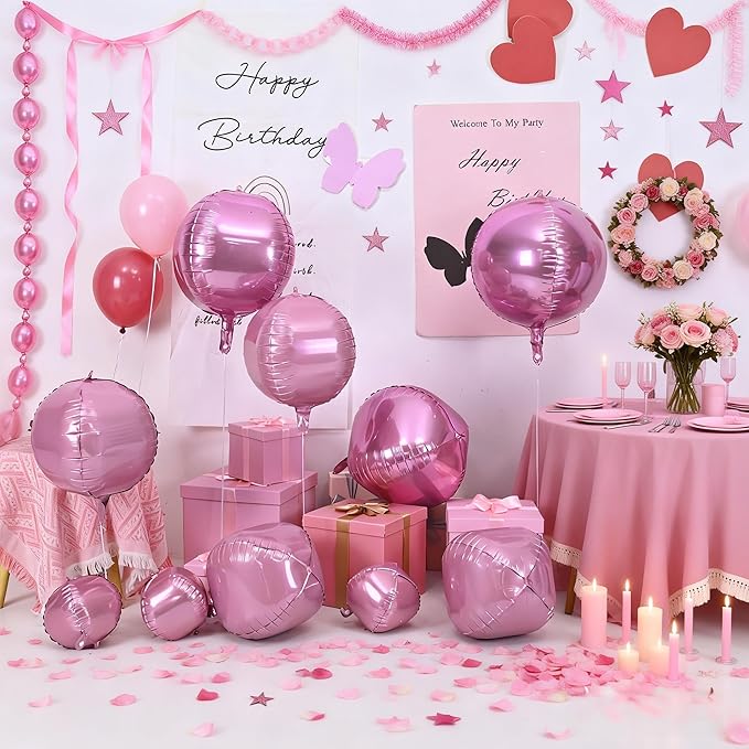 12PCS Pearl Pink Round Foil Balloons, 22" 15" 10" Large 4D Ball Balloons Metallic Pink Mirror Sphere Balloon for Graduation Valentines Day Wedding Women Girls Birthday Party Ceiling Decorations