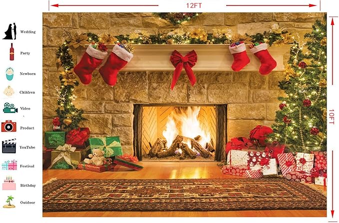 CYLYH 12x10ft Christmas Backdrops Christmas Fireplace Theme Backdrop Tree Sock Decorations for Xmas Party Supplies Photo Background Pictures Banner