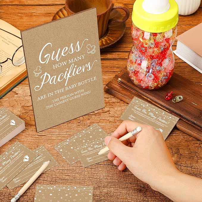 Syhood Kraft Baby Shower Games Guess How Many Pacifiers Rustic Game Sign 50 Small Guessing Games 20 HB Pencils 750 ml Milk Bottle 400 Acrylic Pacifiers Decorations Guests Gender Reveal Party Favors