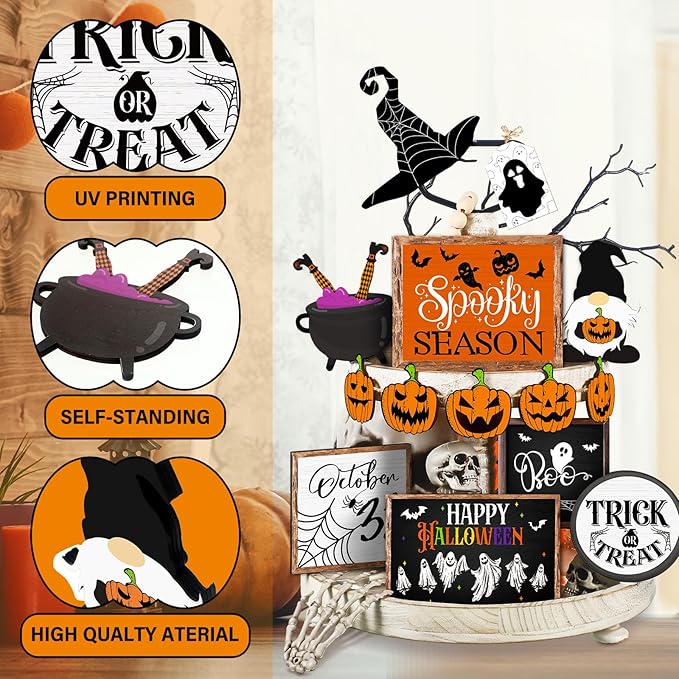 14 Pcs Halloween Tiered Tray Decor Set Cute Halloween Wooden Signs Rustic Pumpkin Farmhouse Gnomes Boo Wizard Trick or Treat Blocks Table Sign for Party Favors