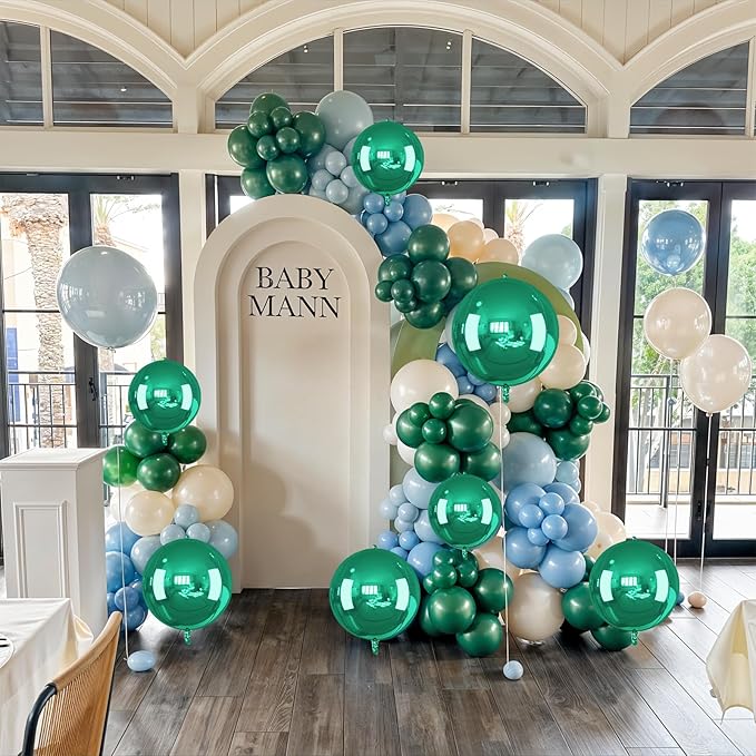 14 Pcs Green Round Foil Balloons 22/15/10 Hunter Emerald Forest Green Metallic 4D Ball Balloon Ornament Mylar Balloon Chrome Birthday Grad Wedding Anniversary Safair New Year Disco Party Decor