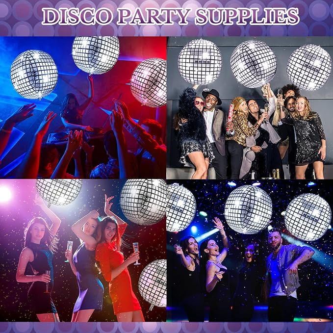 Leitee 18 Pcs 32 in Big Disco Ball Balloon 70s Disco Balloons Party Decoration Large 4d Aluminum Foil Inflatable Ball Giant Silver Metallic Mirror Decor for Baby Shower Wedding Birthday Dance Party