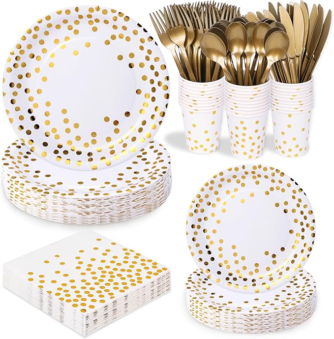 175 Pcs White Gold Party Plates Cups and Napkins Sets White Gold Foil Dot Disposable Dinner Tableware Set With 7" 9" Plates Napkins Cups Knife Fork Spoon Birthday Party Supplies Serve 25 Guests