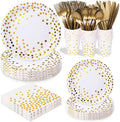 175 Pcs White Gold Party Plates Cups and Napkins Sets White Gold Foil Dot Disposable Dinner Tableware Set With 7" 9" Plates Napkins Cups Knife Fork Spoon Birthday Party Supplies Serve 25 Guests