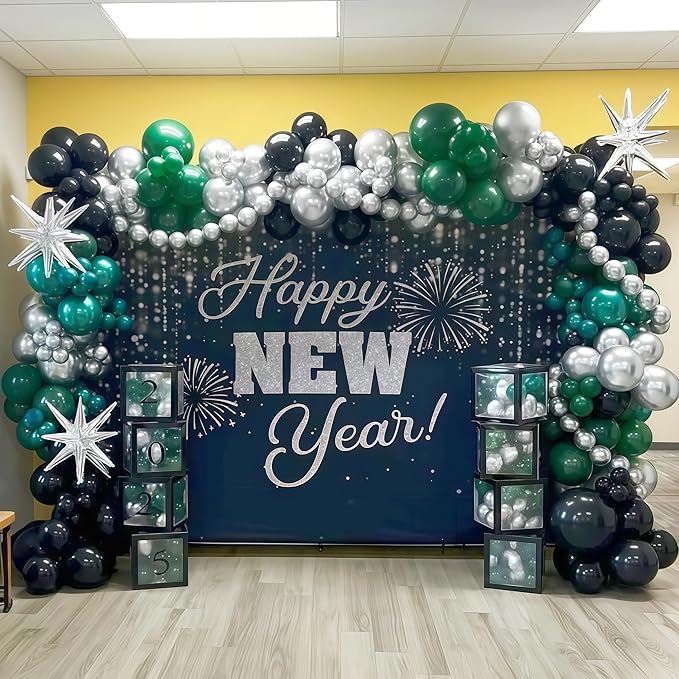 Black and Green Silver Balloon Arch Kit with Explosion Star Balloons, 105pcs Emerald Forst Green and Chrome Metallic Silver Balloons Garland for Wedding Birthday Football Graduation Party Decorations