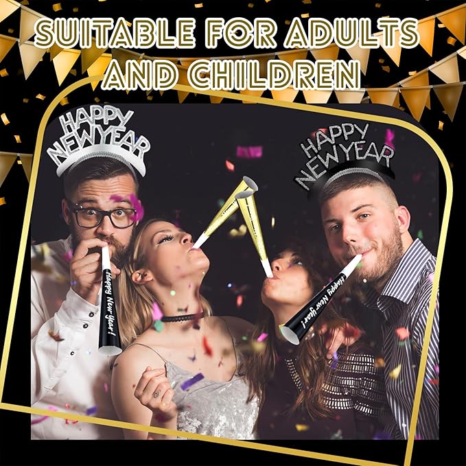 Shappy 24 Pcs 2026 New Year Party Supplies Happy New Year Headband Horn Sounder Noisemakers Eve Party Decorations