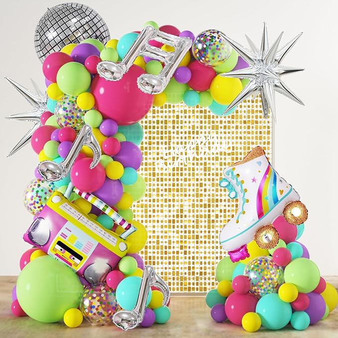 80s 90s Party Decorations, JOGAMS 167Pcs Neon Balloons Arch Kit with Confetti Music Note Star Disco Ball Balloons for 90s 80s Hip Hop Rock Theme Birthday Photo Props Prom Party