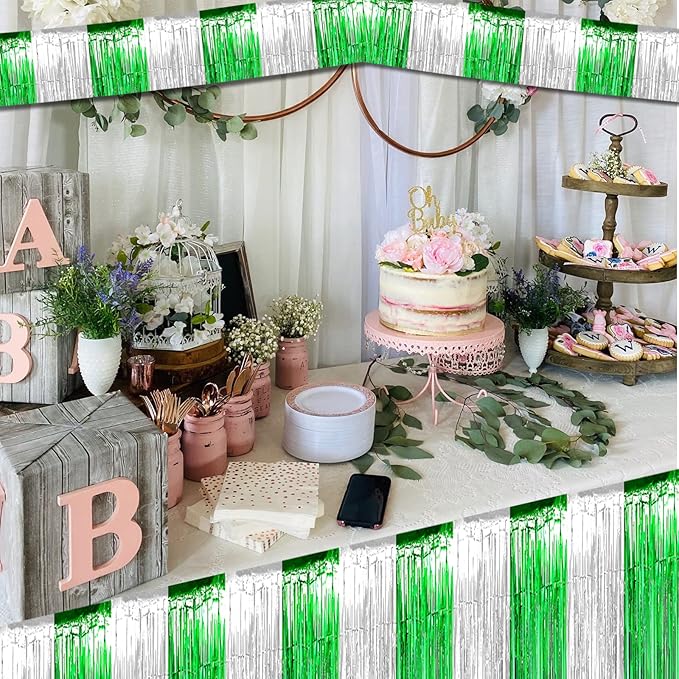 10 Pack 10 Feet Foil Fringe Garland Metallic Tinsel Streamers Banner Wall Hanging Backdrop for Parade Floats, Bachelorette, Wedding, Birthday, Mardi Gras St Patrick Day Party Decorations(Silver Green)