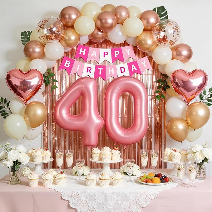 40th Birthday Decorations for Women, Rose Gold and Pink Party Supplies Set with Happy 40th Banner, Number 40 Balloon and Foil Fringe Curtains, 40 Year Old Kit