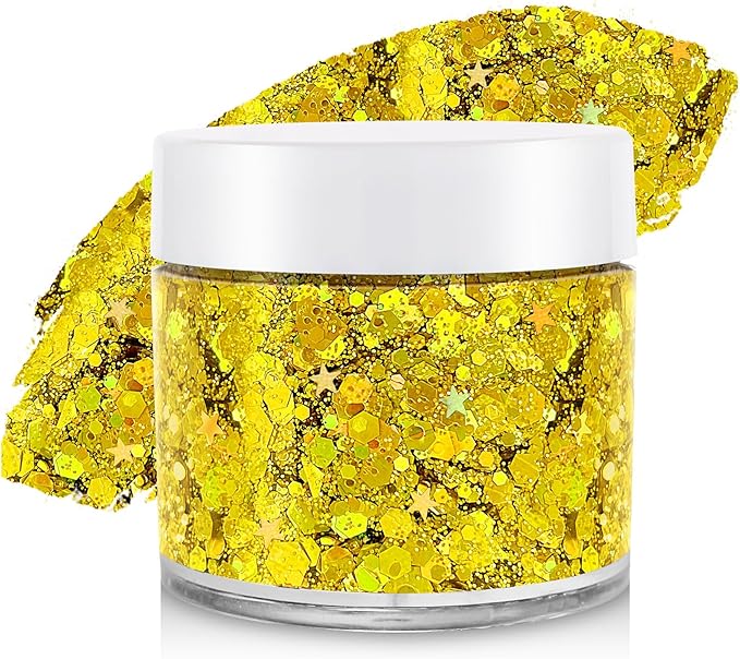 Gold Face Hair Glitter,Cheer Holographic Yellow Body Glitter,Rave Music Festival Singer Concert Gold Accessories,Mardi Gras Outfit for Women,Halloween Cosplay Shimmer Makeup