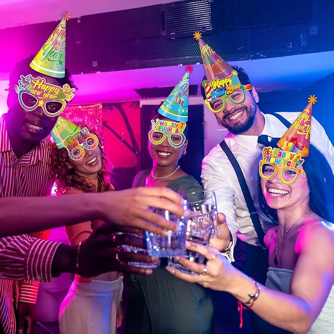 36 Pcs Happy New Year Party Favors 2026 Neon New Year Eve Party Supplies for Adults & Kids,12 Neon Cone Hats and 24 Paper Glasses Fun Decoration Props for NYE Decorations