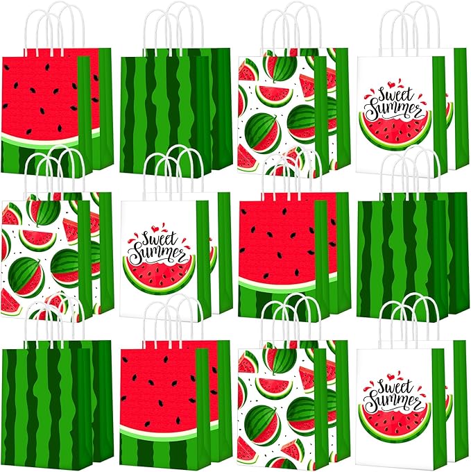 Outus 24 Pieces Watermelon Party Bags Watermelon Paper Goodie Bags Party Favor Bags Watermelon Treat Candy Bags Summer Fruit Birthday Party Supplies for Summer Pool Party Decorations