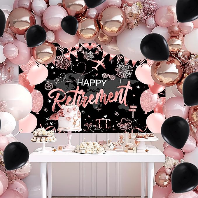 Mocsicka Happy Retirement Backdrop Pink Rose Gold Balloons Women Happy Retirement Banner Party Decorations Photo Booth Props (Pink, 8x6ft)