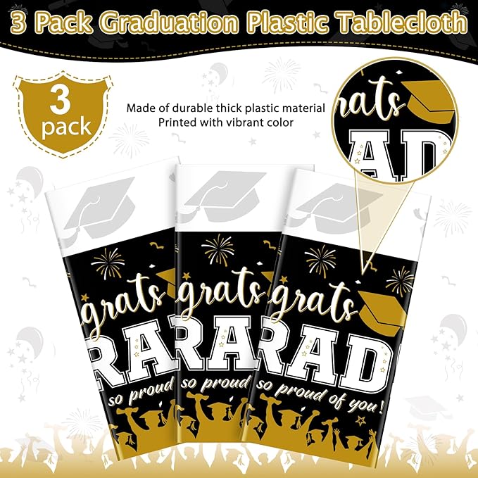 3 Pack Graduation Tablecloth Party Decorations, Class of 2026 Congrats Grad Plastic Tablecover Party Supplies, Black and Gold Rectangle Graduation Table Decor for College High School Party, 54x108Inch
