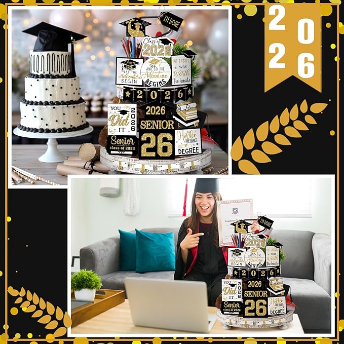 22 Pcs 2026 Graduation Tiered Tray Decor Sets Wooden Graduation Class of 2026 Table Decorations Senior 2026 Gown Diploma Farmhouse Signs for Home Shelf Party Office Desk(Black Gold)
