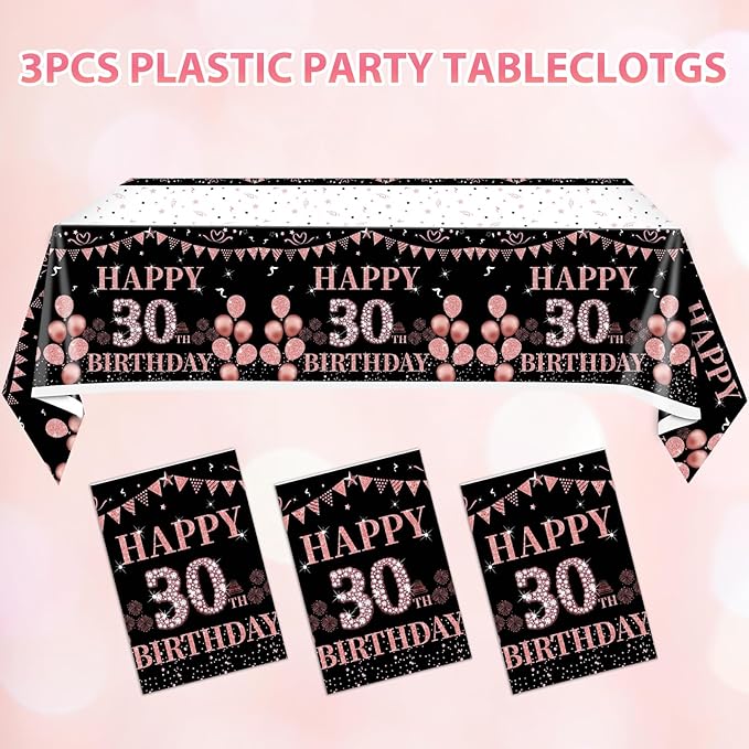 3PCS Happy 30th Birthday Tablecloth Decorations for Girls Women Black and Rose Gold 30 Year Old Birthday Party Supplies Disposable Plastic Rectangular Table Cloth