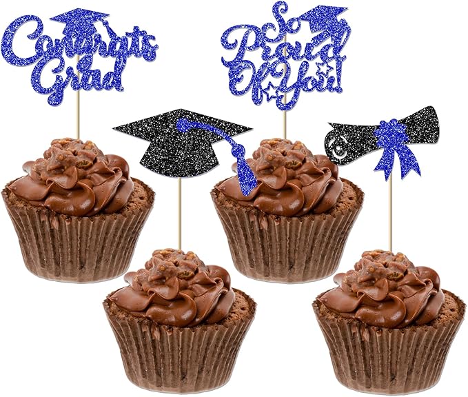24Pcs Black Blue Graduation Cupcake Toppers 2026, Glitter Grad Cap Diploma Congrats Grad We Are So Proud of You Cupcake Toppers for Class of 2026 Graduation Party Decorations.