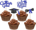 24Pcs Black Blue Graduation Cupcake Toppers 2026, Glitter Grad Cap Diploma Congrats Grad We Are So Proud of You Cupcake Toppers for Class of 2026 Graduation Party Decorations.