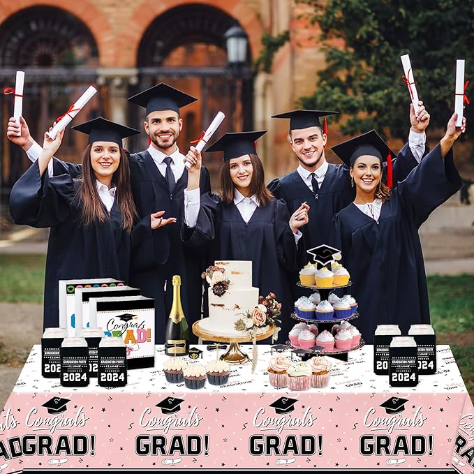 Oigco Graduation Decorations Congrats Grad Graduation Tablecloth for 2026 Graduation Party Supplies, 3 Pcs Pink Plastic Table Cloths, 54"x108"