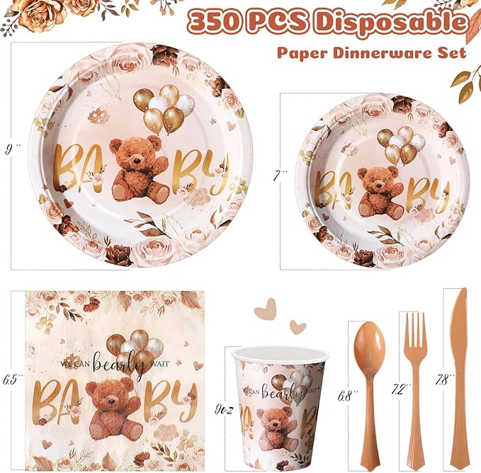 350 Pcs Brown Bear Baby Shower Paper Plates Napkins Cups Knives Forks Spoons for 50 Guests Disposable Bear Party Tableware for Birthday Baby Shower